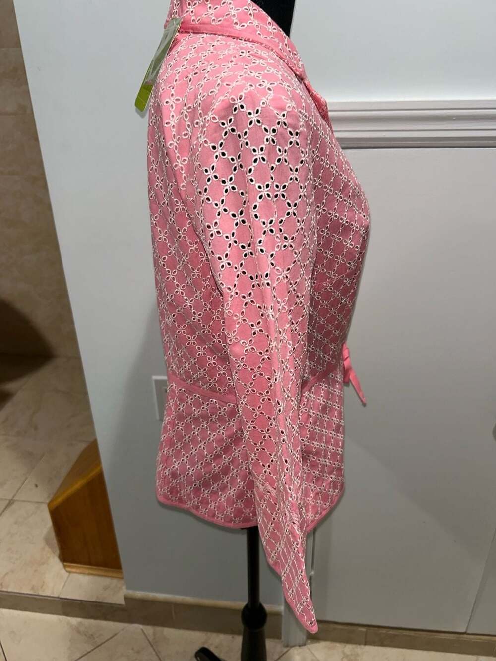 Sigrid Olsen Blazer Jacket Size 10 Pink White Eyelet Cotton Tie Waist